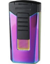 The metal jet lighter for cigars features a glossy purple finish combined with black elements. When the top cover is flipped open and the front button is pressed down, two jets ignite, creating a strong flame to light your favorite cigar. At the bottom, there is a gas filling valve and a flame intensity adjustment. The lighter comes in a gift box.