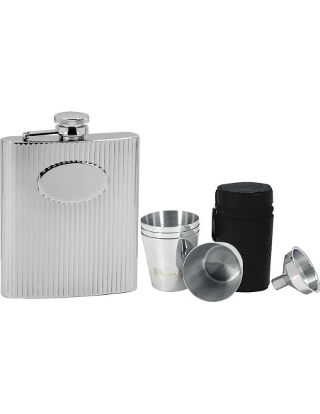 Ribbed Hip Flask + 4 Shot Glasses
