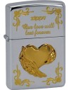 Collector's Zippo lighter with a heart emblem and the inscription Our love will last forever. The lighter was made in the USA, then shipped to Japan, where it was modified to the final form you see in the photo. A lifetime warranty is included.