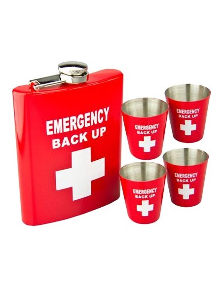 Emergency Backup Hip Flask + 4 Shot Glasses