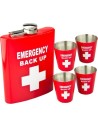 Dárkové balení obsahující placatku s trychtýřem a 4 panáky. Objem placatky je 240ml. Nápis Emergencky Backup se nachází na placatce i na panácích.