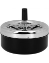 Metal rotating ashtray in silver-black finish.