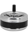 Metal rotating ashtray in a silver finish with a black leather detail.