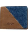 Kožená peňaženka značky Zippo doplnená džínsovým detailom. Peňaženka je chránená proti neoprávnenému skenovaniu bezkontaktnej karty. Rozmer peňaženky je 11,5 x 9 x 1,5 cm.